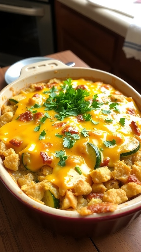 A golden brown chicken and zucchini stuffing casserole topped with melted cheese, garnished with parsley, in a rustic baking dish.
